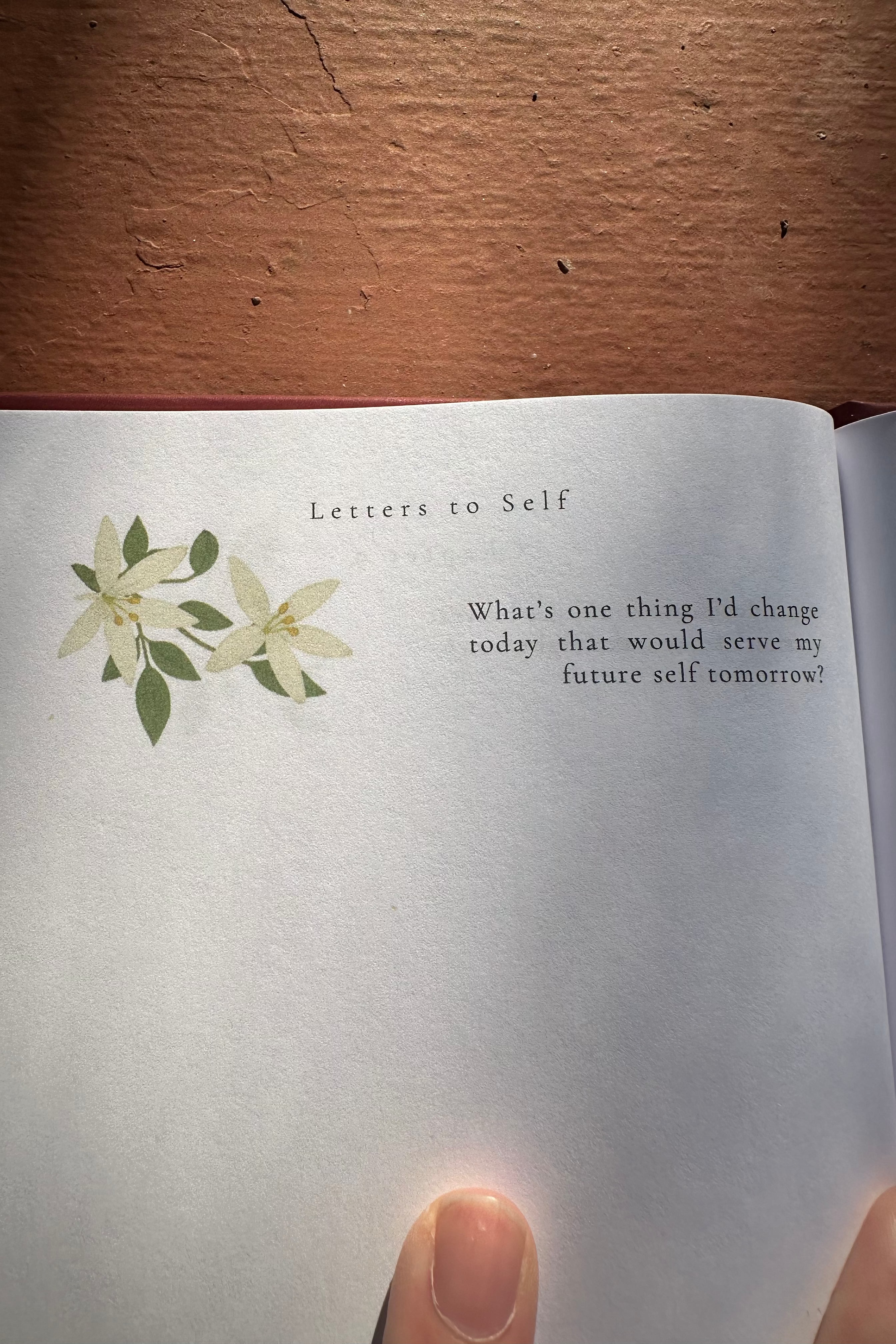 Open book with 'Letters to Self' and a floral illustration on a wooden surface